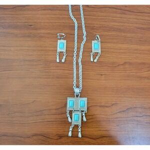 Vtg Sarah Coventry Folklore Pendant Necklace Dangle Earrings Faux Turquoise 1972